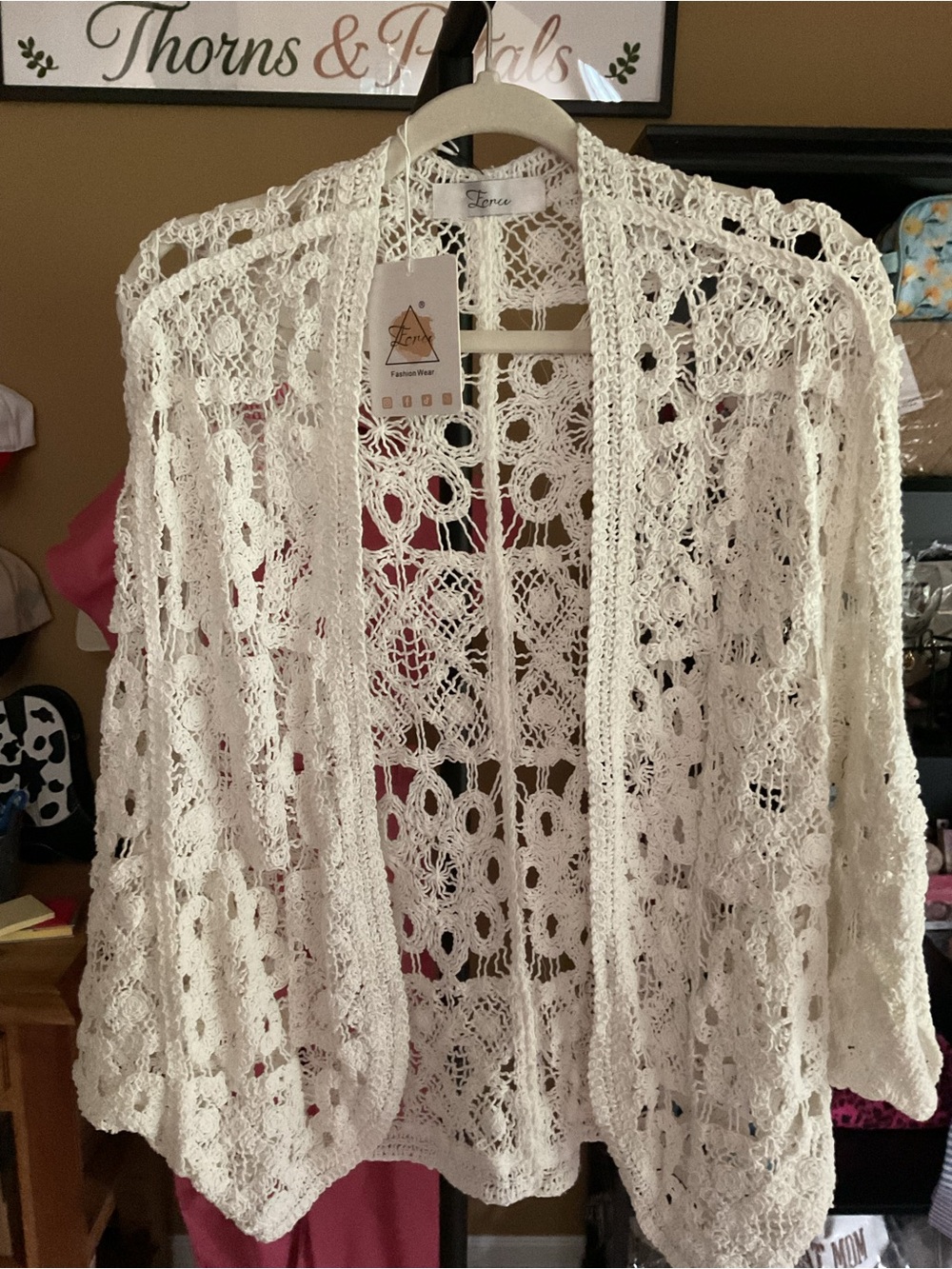 Hand-Crocheted Openwork Cream Sweater Cardigan Imported From Italy